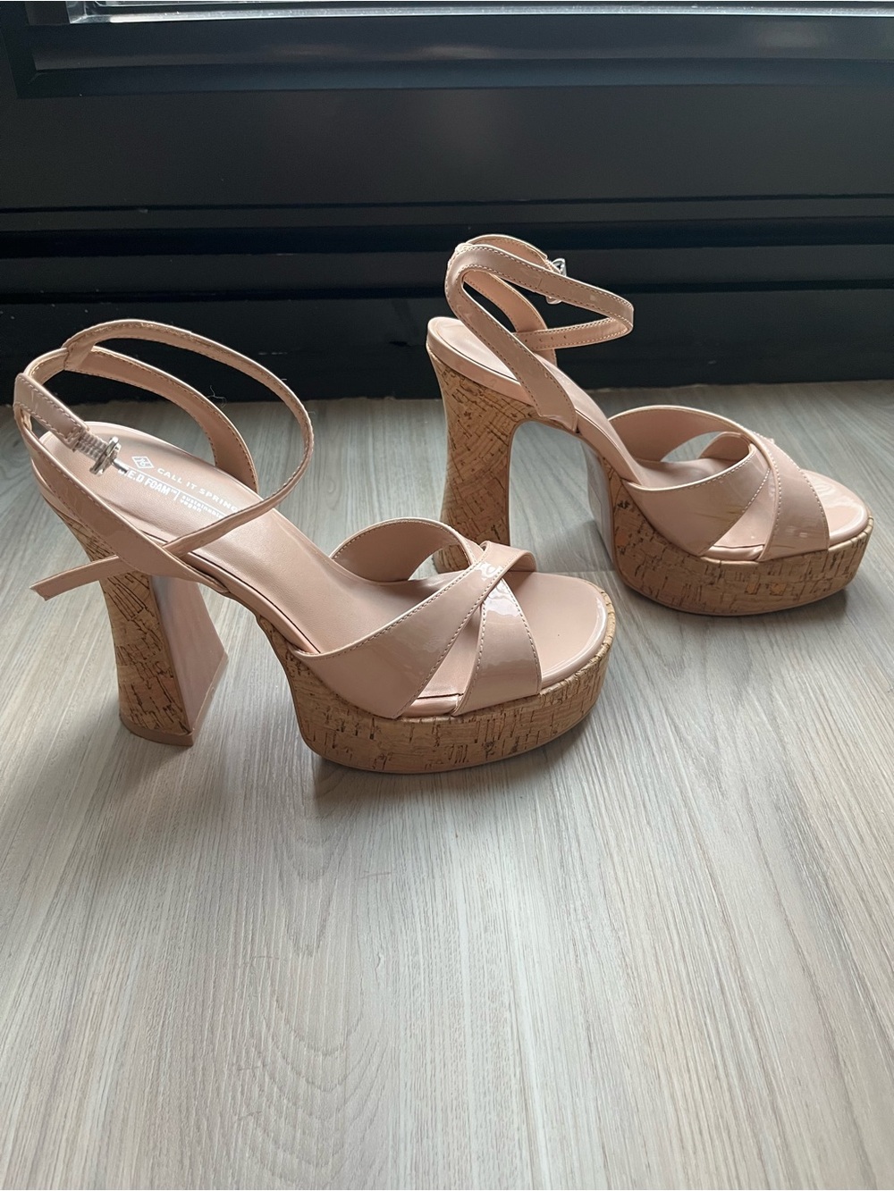 Call It Spring Blush Patent Platform Sandals with Cork Block Heel